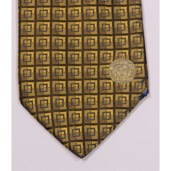 Gianni Versace Vintage 90's Gold Checkered Medusa Head Silk Necktie Tie - Picture 7 of 8
